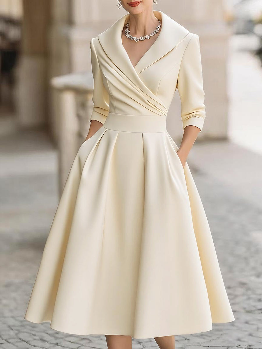 Abito da cerimonia da donna midi con scollo a V e manica a 3/4, elegante per matrimonio e sera - Beige