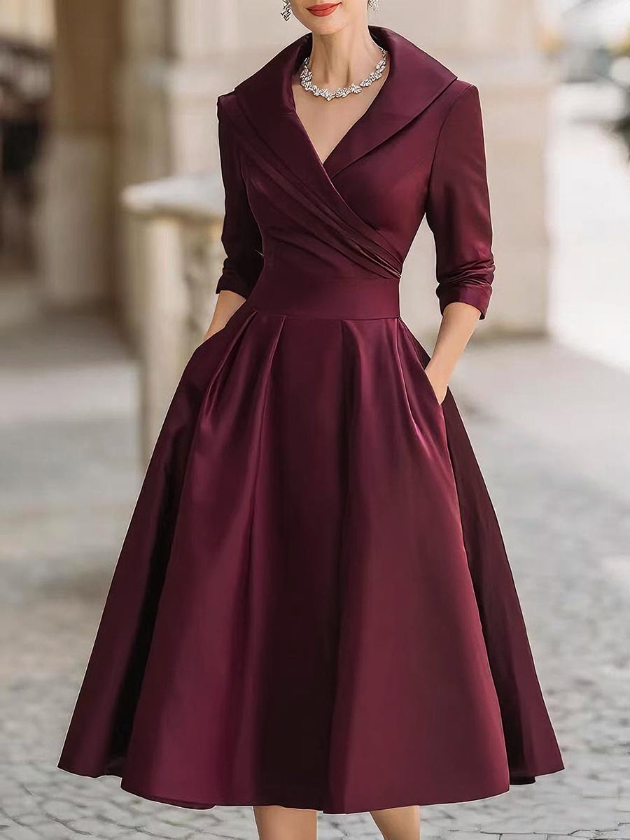 Abito da cerimonia da donna midi con scollo a V e manica a 3/4, elegante per matrimonio e sera - Rosso vino