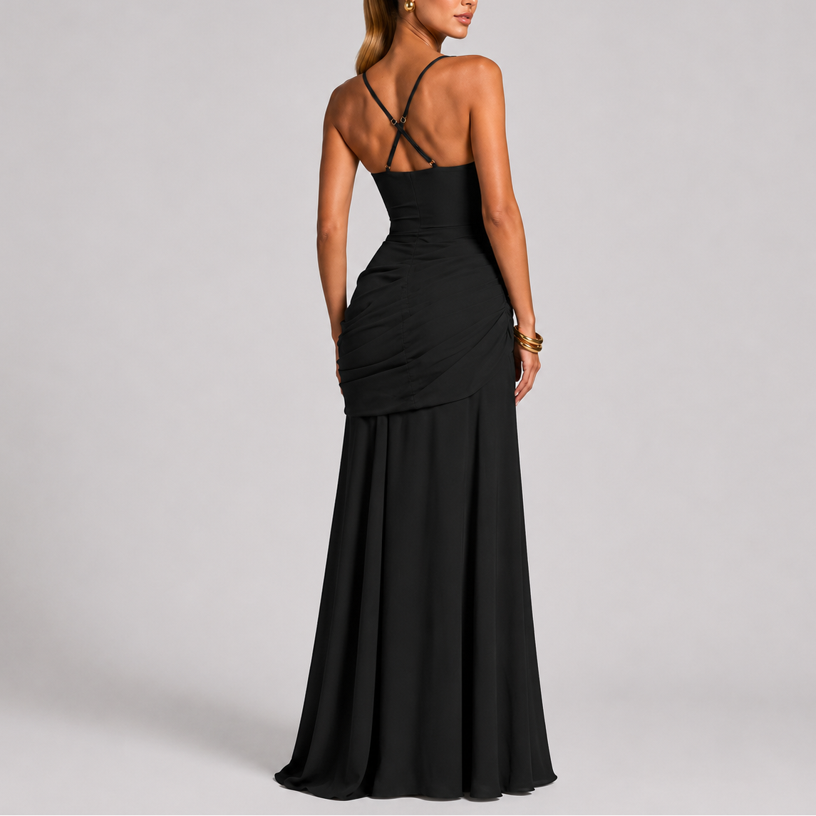 Abito da sera lungo da donna a sirena con scollo quadrato e vita drappeggiata, elegante per cerimonia e matrimonio - foto 7