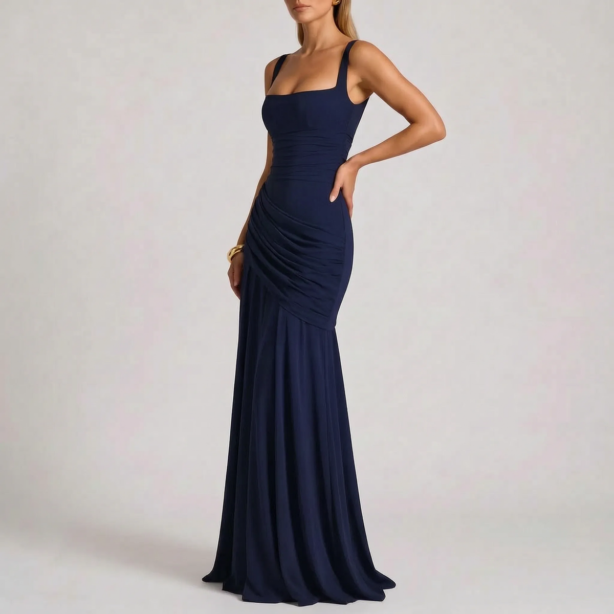 Abito da sera lungo da donna a sirena con scollo quadrato e vita drappeggiata, elegante per cerimonia e matrimonio - Blu navy