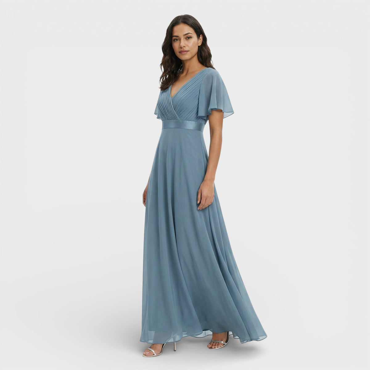 Abito lungo da cerimonia donna con scollo a V e maniche a sbuffo, per matrimonio e gala - Azzurro