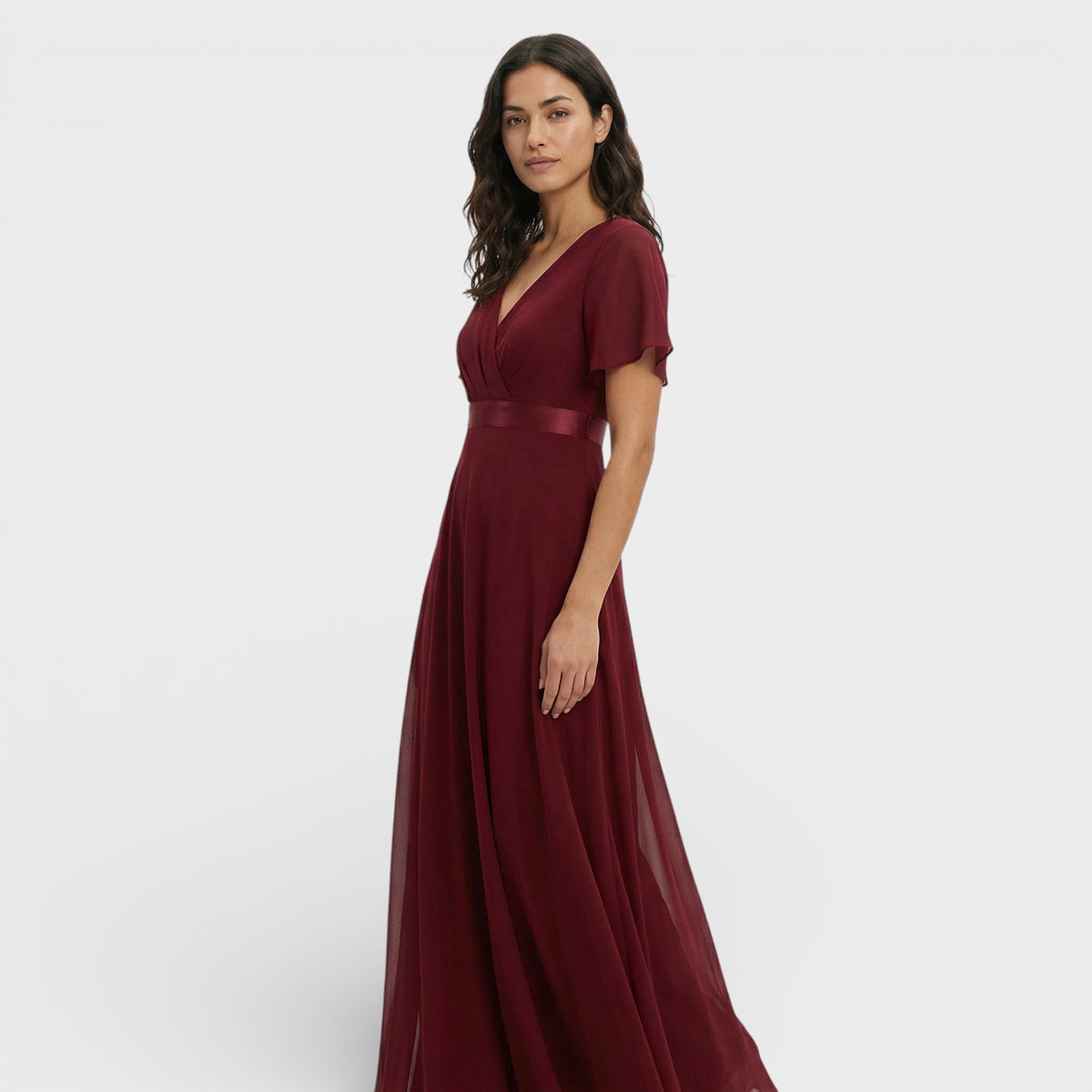 Abito lungo da cerimonia donna con scollo a V e maniche a sbuffo, per matrimonio e gala - Rosso