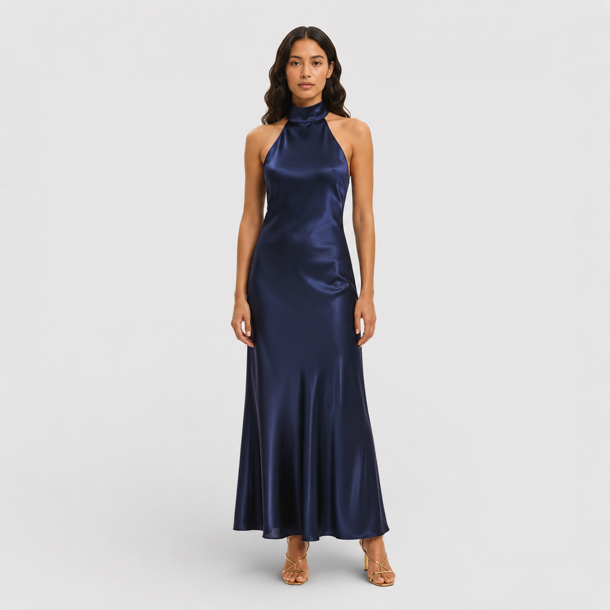 Abito lungo da donna in raso con scollo all'americana e schiena scoperta, elegante per cerimonia e sera - Blu navy