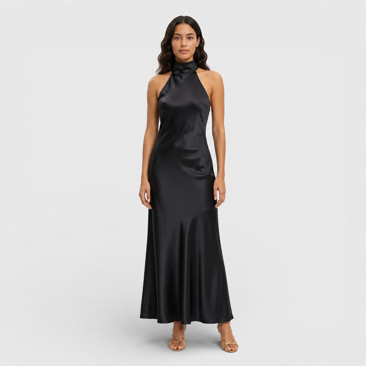Abito lungo da donna in raso con scollo all'americana e schiena scoperta, elegante per cerimonia e sera - Nero