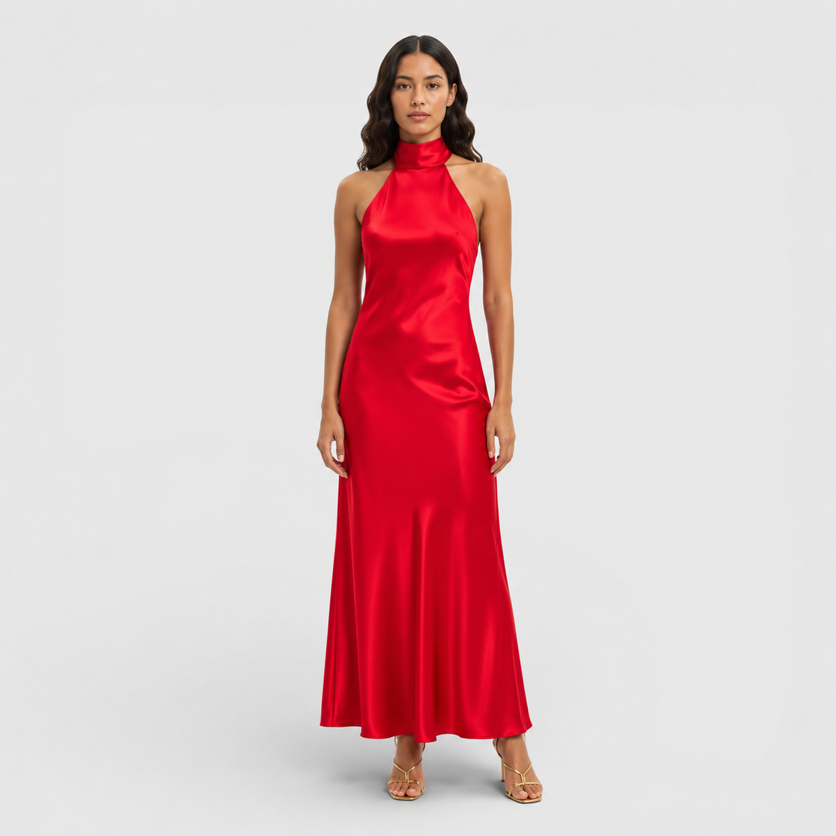 Abito lungo da donna in raso con scollo all'americana e schiena scoperta, elegante per cerimonia e sera - Rosso