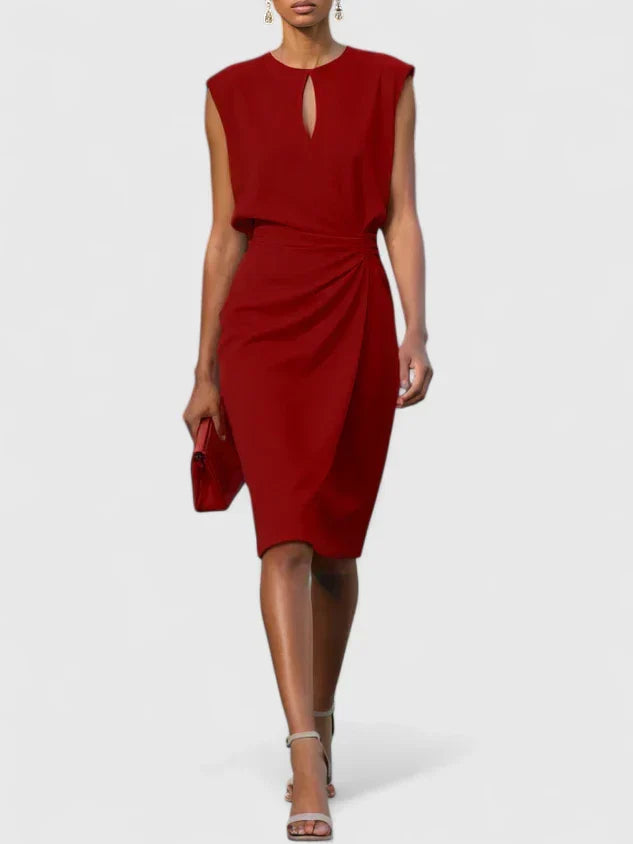 Abito midi a portafoglio senza maniche con vita drappeggiata, elegante da cerimonia e cocktail - Rosso