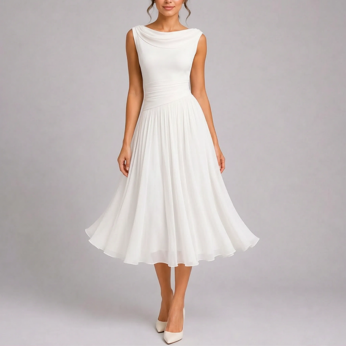 Abito midi elegante da cerimonia, smanicato e plissettato con scollo a barca, per matrimonio e sera - Bianco