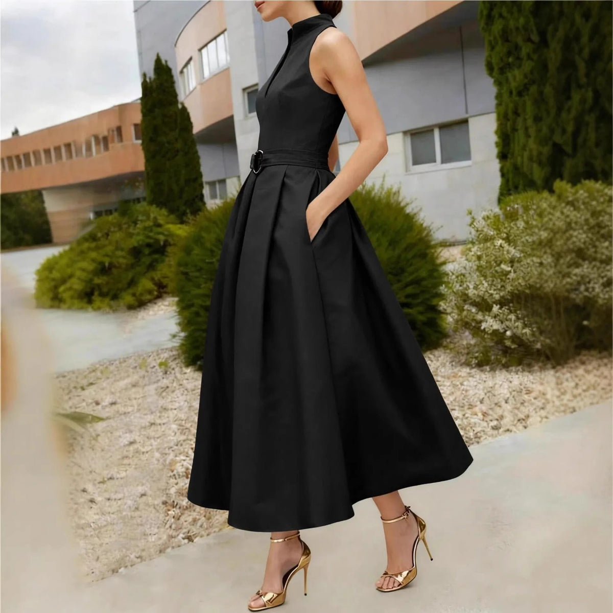 Abito midi elegante da donna senza maniche, da cerimonia, matrimonio e sera - abito da cocktail svasato con cintura - view 5