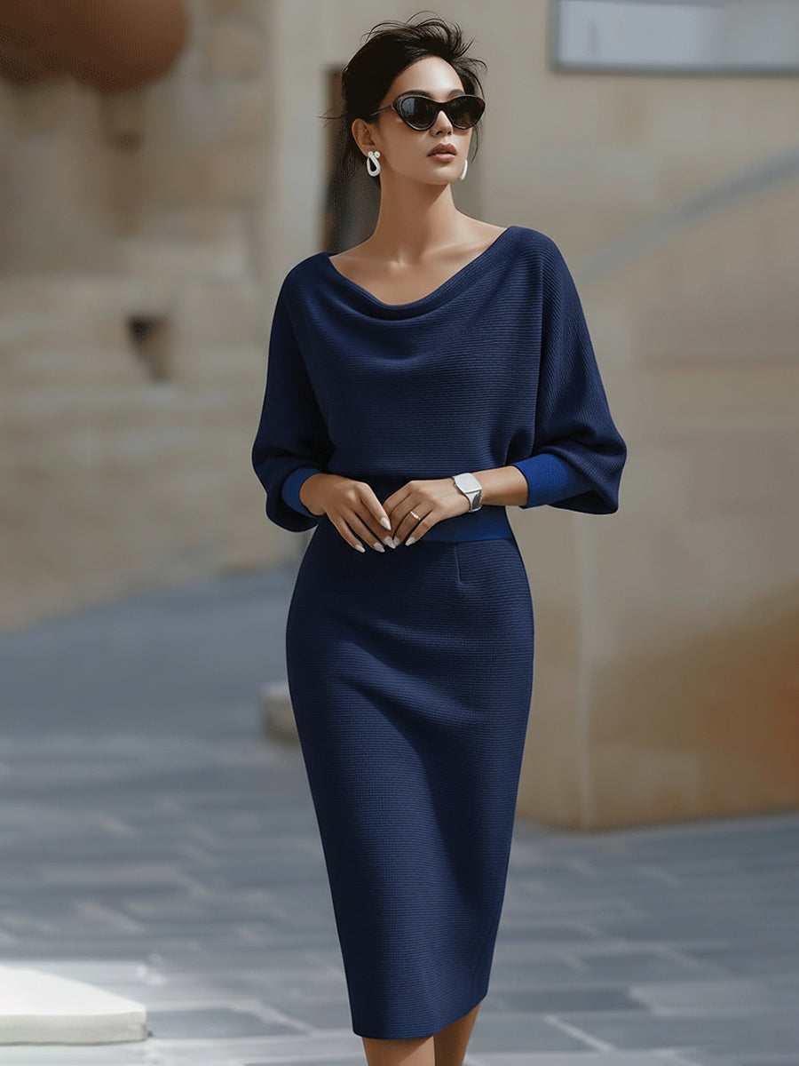 Abito midi in maglia da donna a maniche lunghe, aderente con scollo drappeggiato, elegante da cocktail e da sera - Blu navy