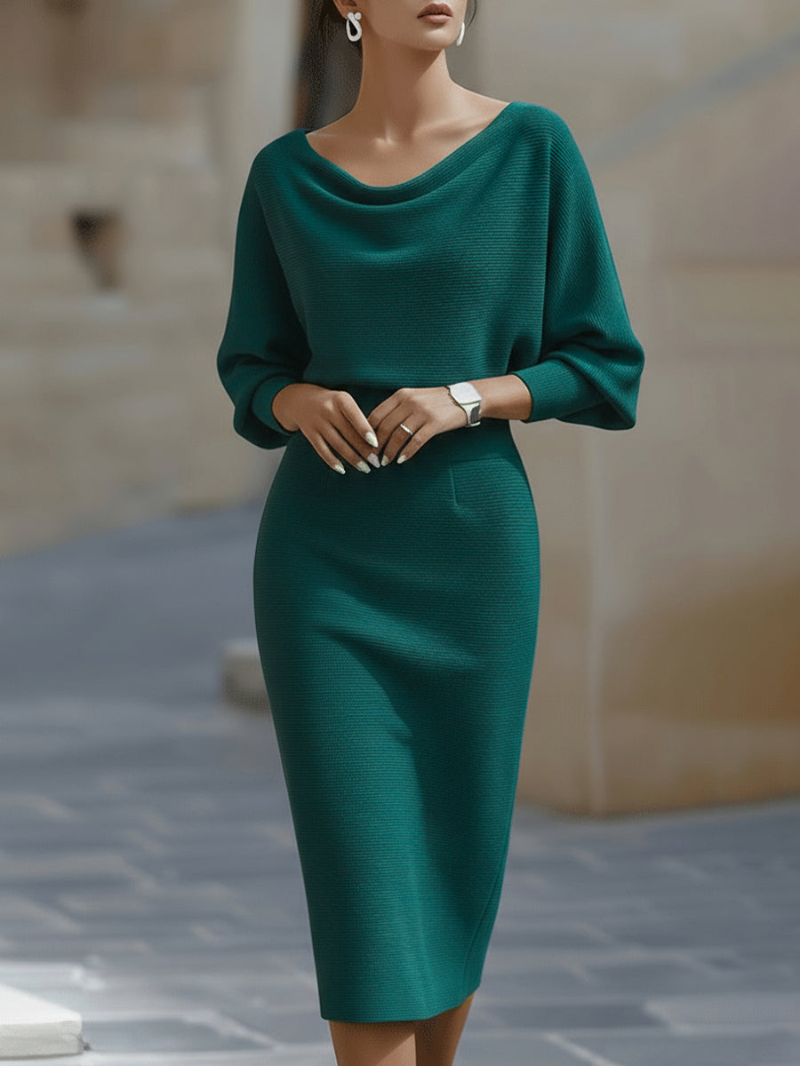 Abito midi in maglia da donna a maniche lunghe, aderente con scollo drappeggiato, elegante da cocktail e da sera - Turchese