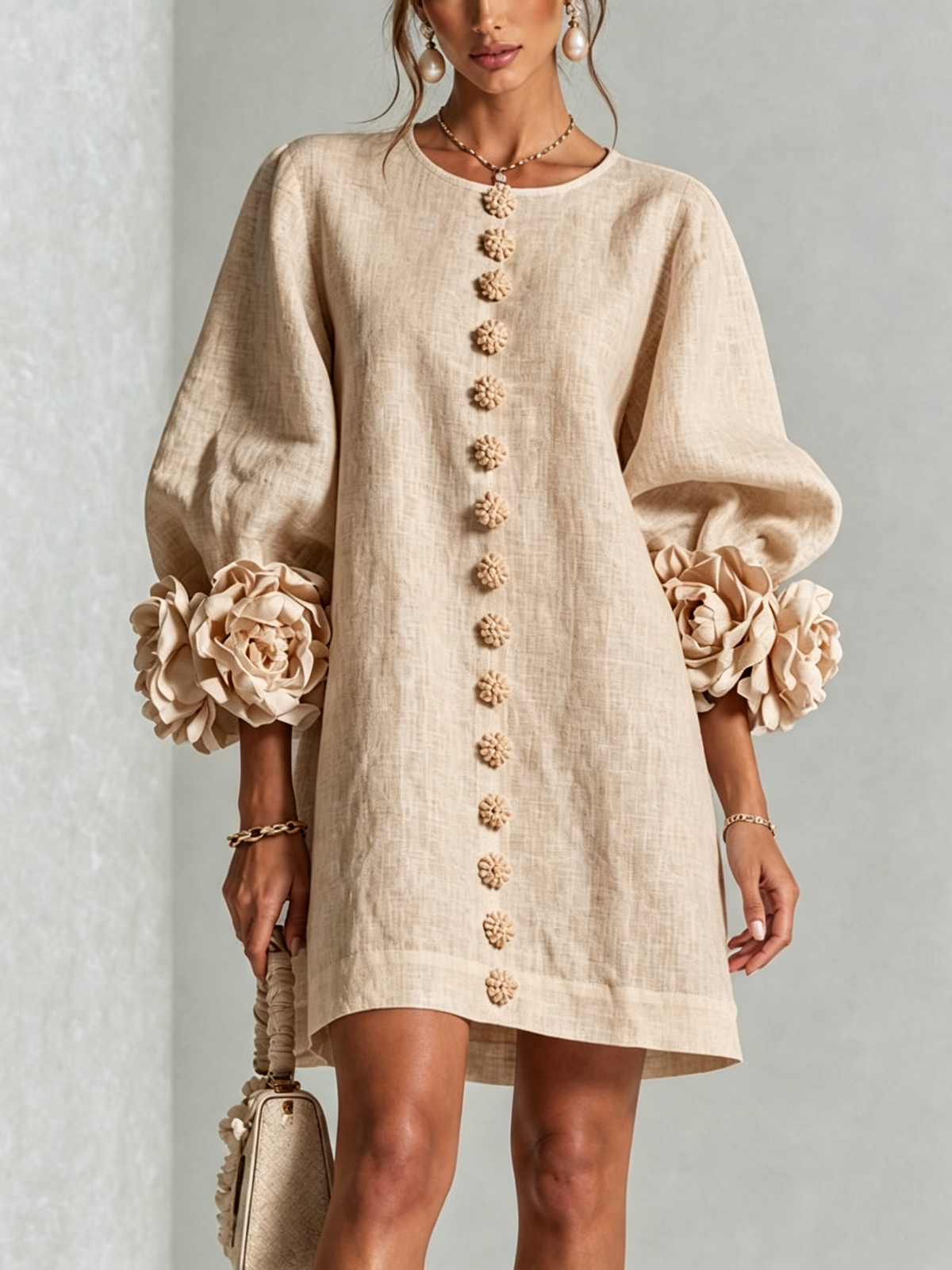 Abito mini da donna in misto lino a manica lunga con maniche a sbuffo, casual ed estivo - Beige