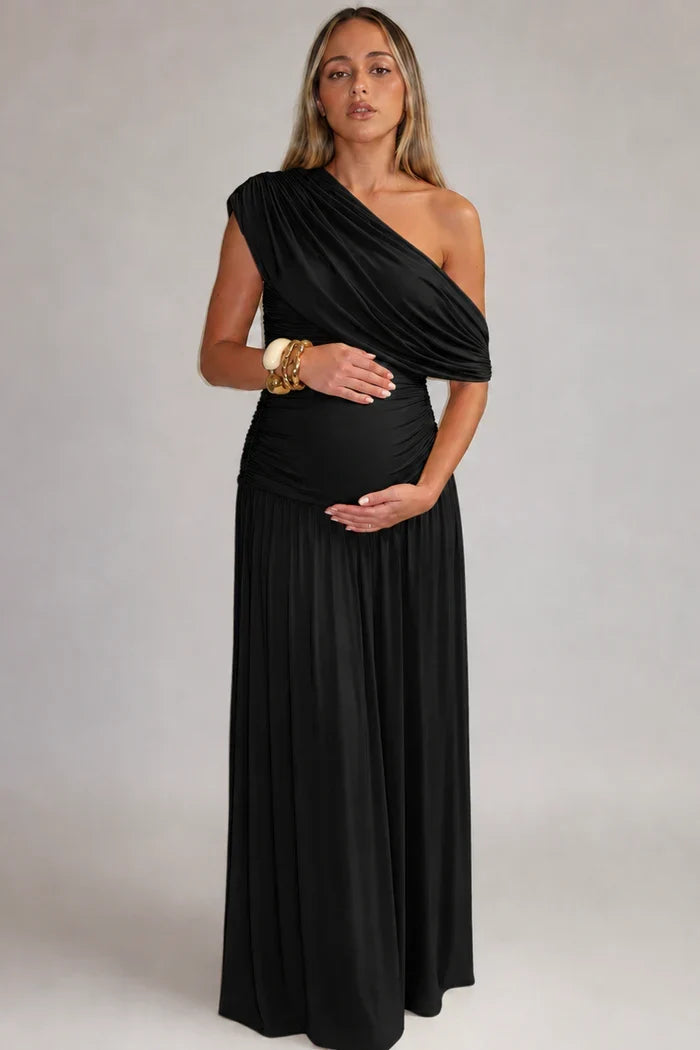 Abito premaman lungo monospalla, drappeggiato ed elegante, per cerimonia, matrimonio e battesimo - Nero