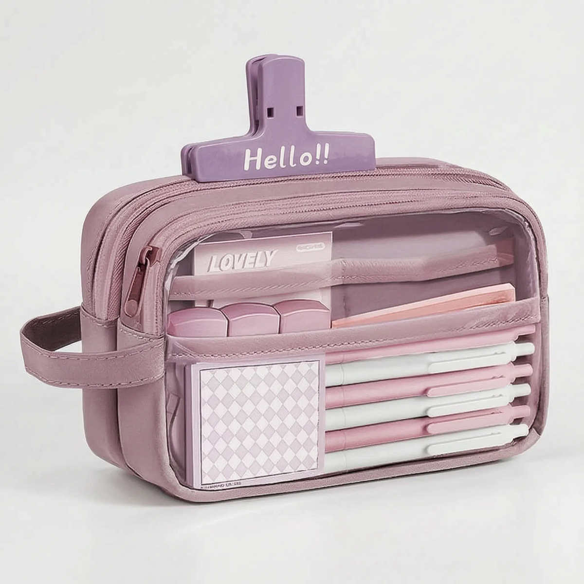 Astuccio grande multiscomparto con finestra trasparente, capiente portapenne per scuola, università e ufficio - Rosa