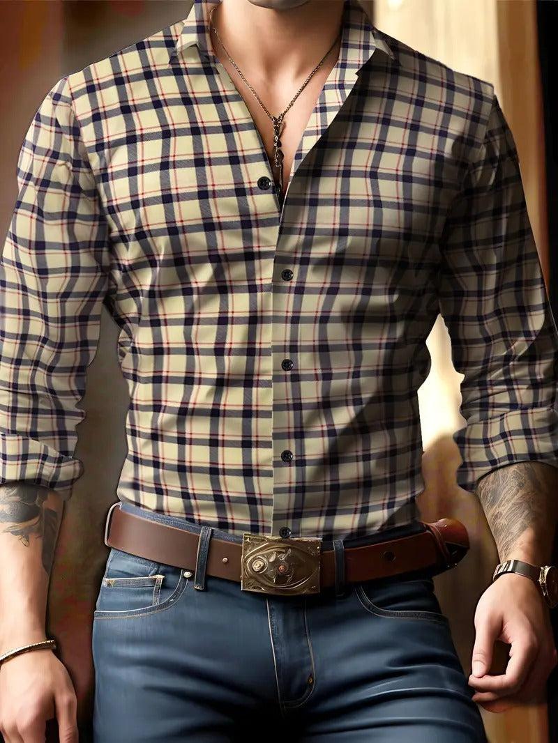 Camicia a quadri da uomo a maniche lunghe con colletto classico, elegante e casual - Beige