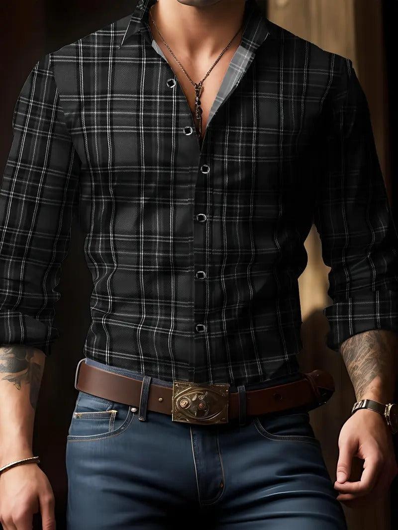 Camicia a quadri da uomo a maniche lunghe con colletto classico, elegante e casual - Nero