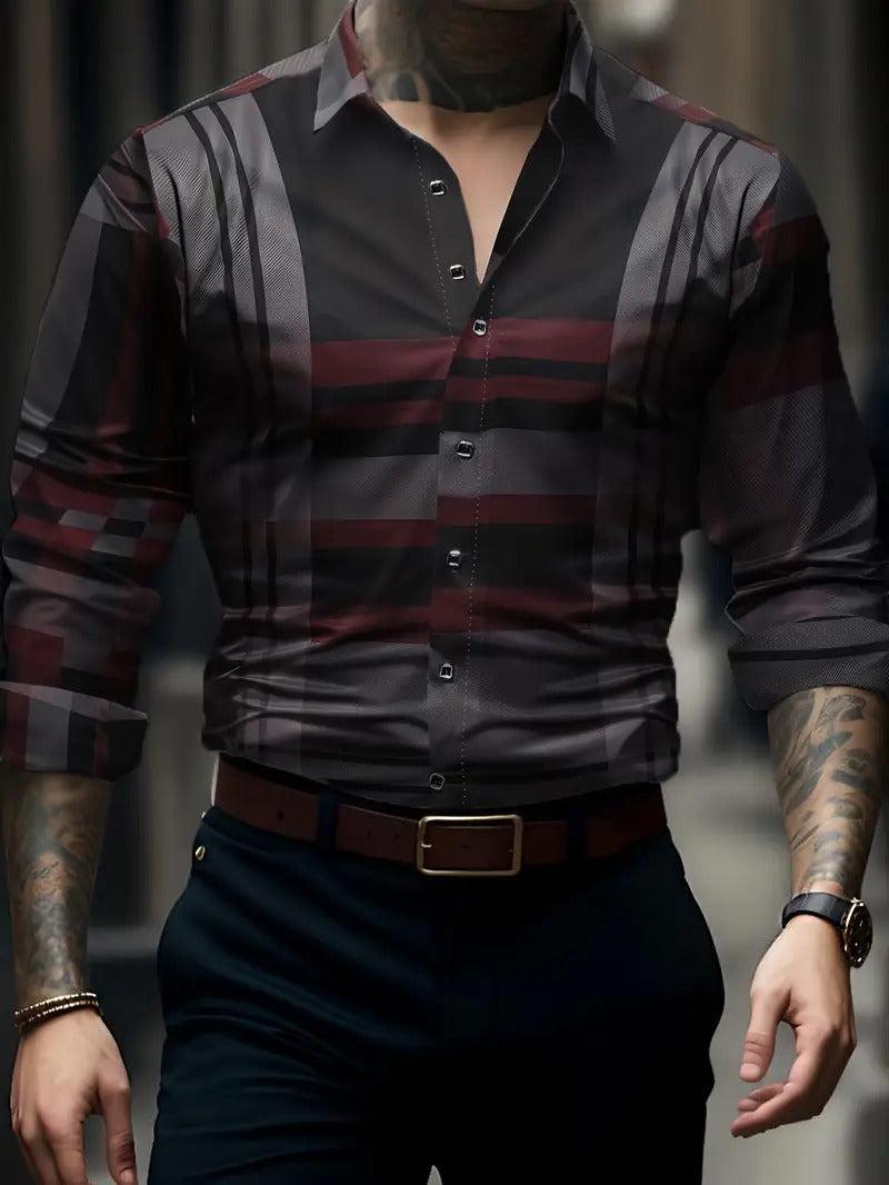 Camicia a quadri da uomo a maniche lunghe con colletto classico, elegante e casual - Rosso