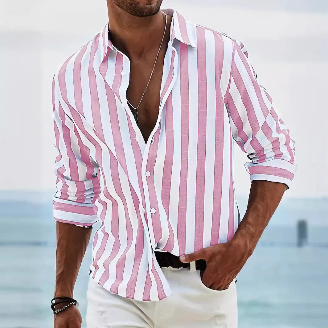 Camicia a righe da uomo in lino e cotone a manica lunga, estiva da spiaggia e vacanza - Rosa