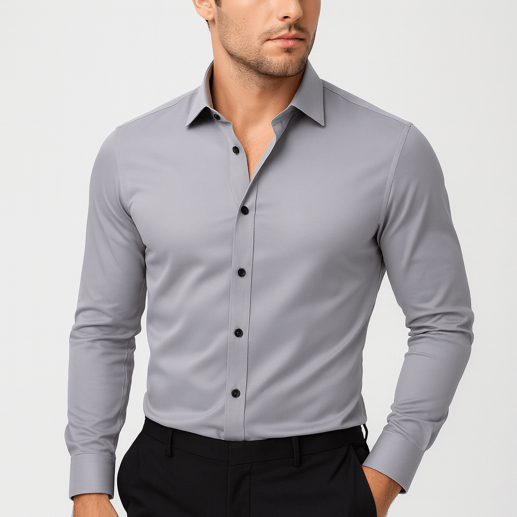 Camicia da uomo elasticizzata no stiro a manica lunga, elegante da lavoro e per tutti i giorni - Grigio