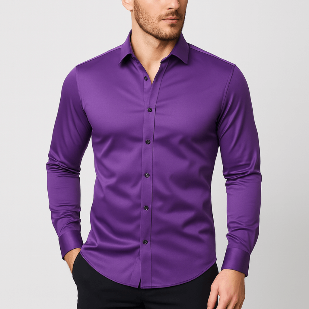 Camicia da uomo elasticizzata no stiro a manica lunga, elegante da lavoro e per tutti i giorni - Viola