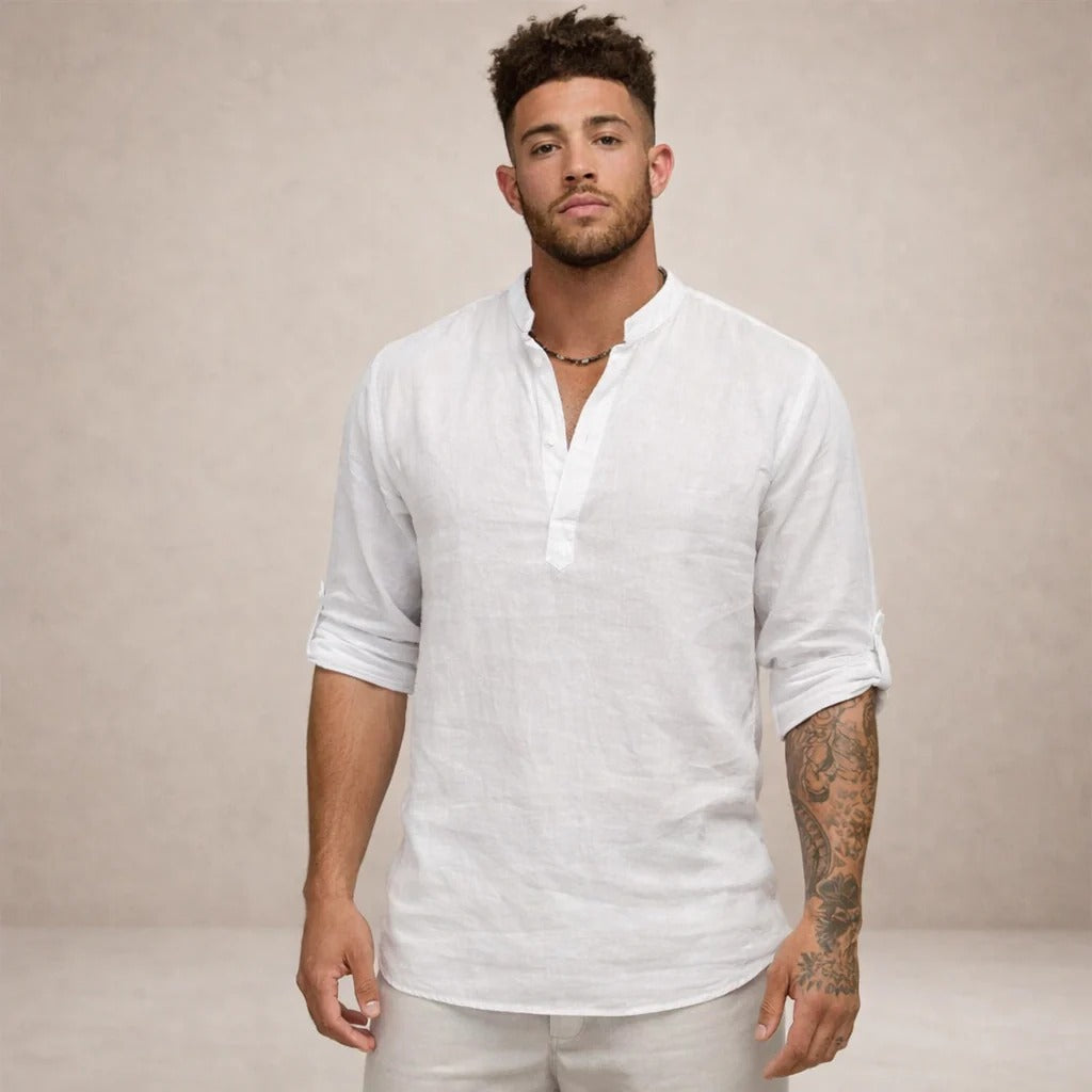 Camicia in misto lino da uomo con collo alla coreana, a manica lunga, estiva e casual da spiaggia - view 16