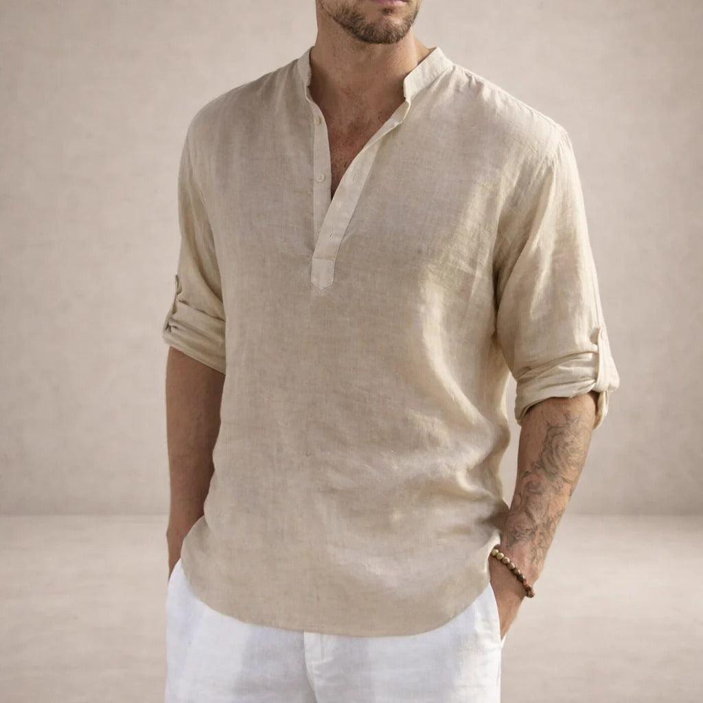 Camicia in misto lino da uomo con collo alla coreana, a manica lunga, estiva e casual da spiaggia - Kaki