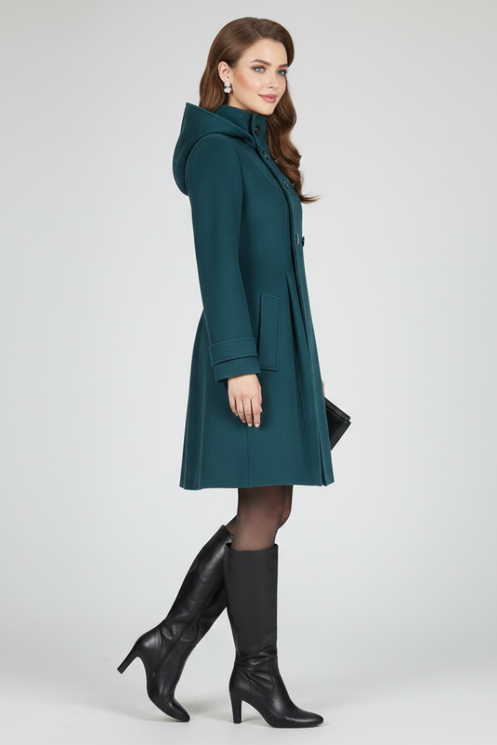 Cappotto da donna con cappuccio e doppiopetto, linea svasata al ginocchio, invernale - view 5