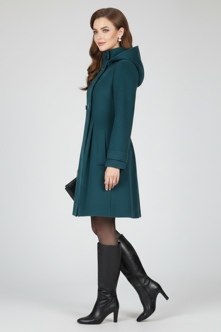 Cappotto da donna con cappuccio e doppiopetto, linea svasata al ginocchio, invernale - view 6