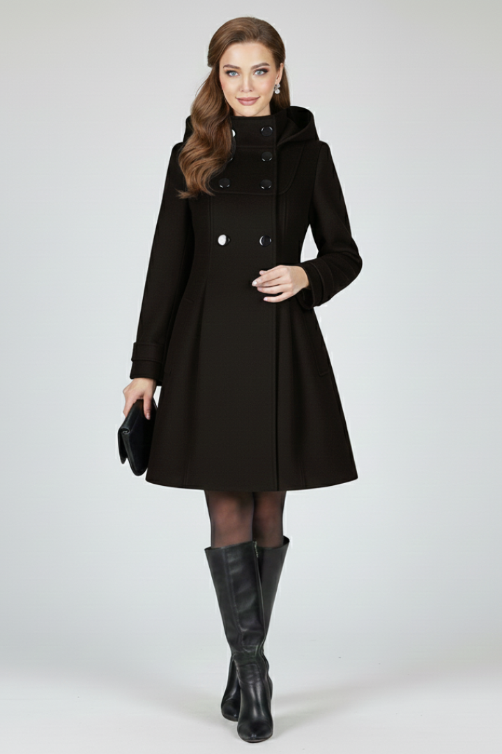 Cappotto da donna con cappuccio e doppiopetto, linea svasata al ginocchio, invernale - Nero
