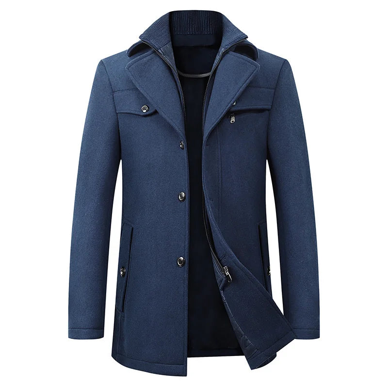 Cappotto invernale da uomo con collo alla coreana, elegante e caldo, da completo e per l'ufficio - Blu