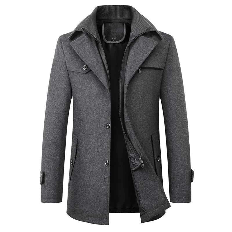 Cappotto invernale da uomo con collo alla coreana, elegante e caldo, da completo e per l'ufficio - Grigio