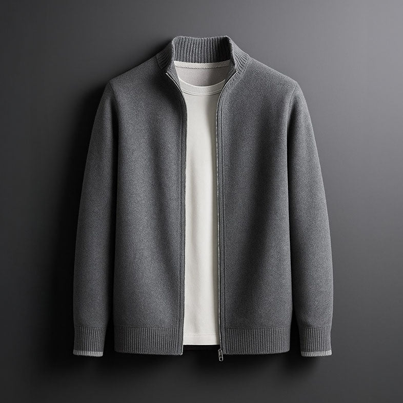 Cardigan da uomo in lana merino con zip e collo alto, per autunno e inverno - Grigio