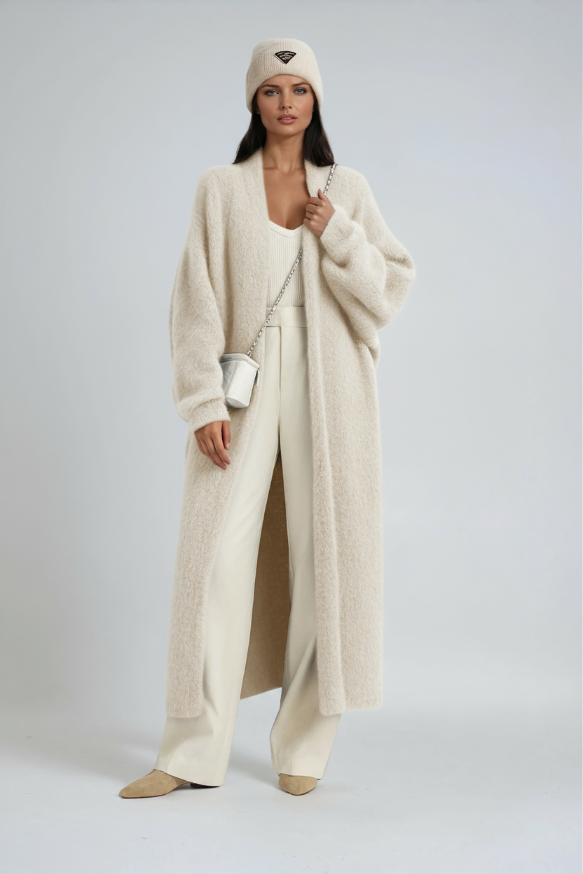 Cardigan lungo da donna in morbida maglia, oversize e aperto, per l'autunno e l'inverno - Bianco
