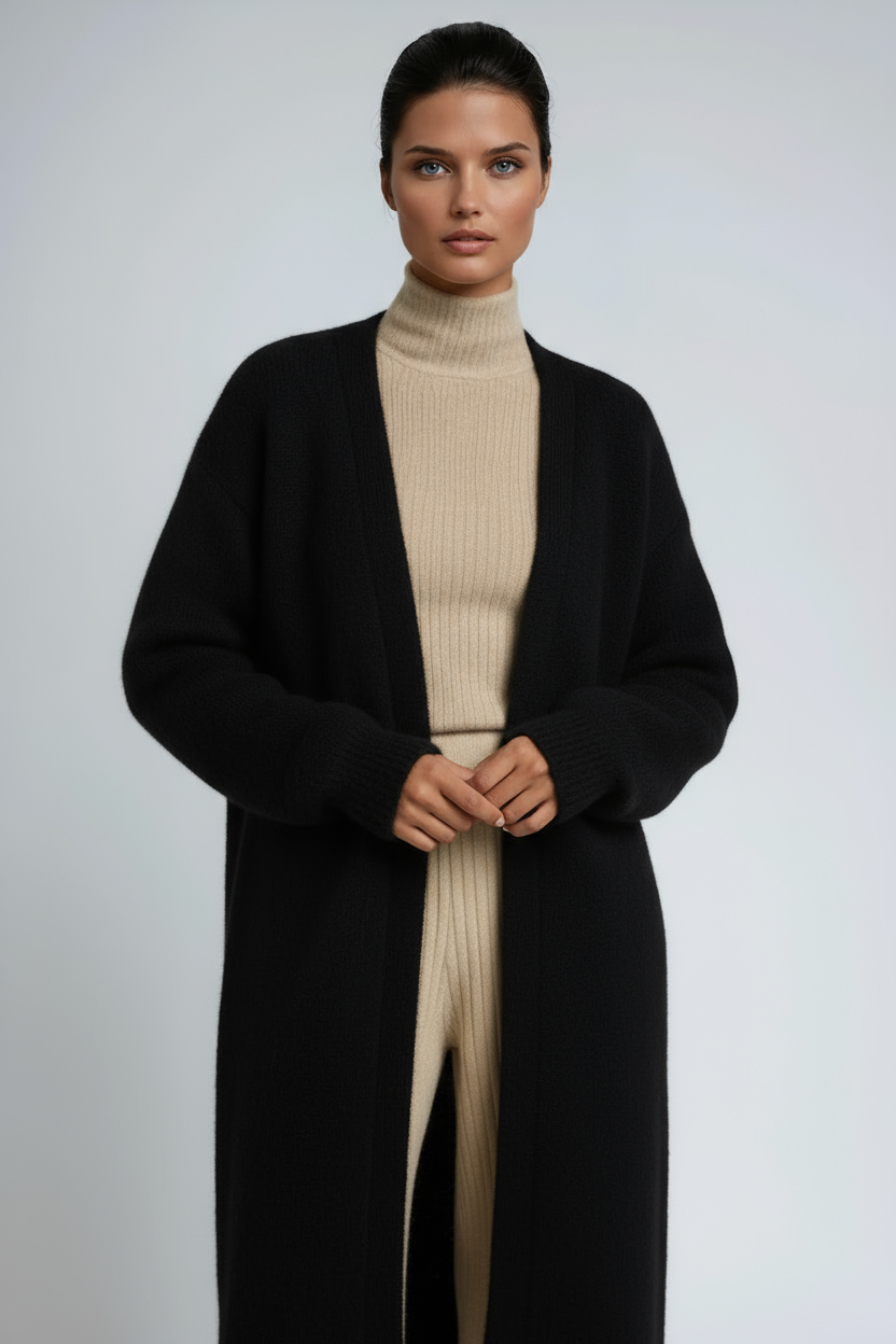 Cardigan lungo da donna in morbida maglia, oversize e aperto, per l'autunno e l'inverno - Nero