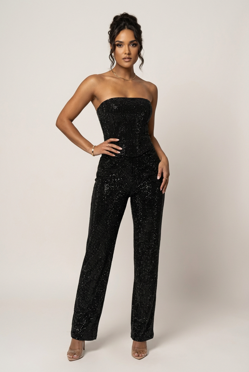Completo elegante da donna con paillettes, top strapless e pantalone a vita alta, due pezzi da sera - foto 14