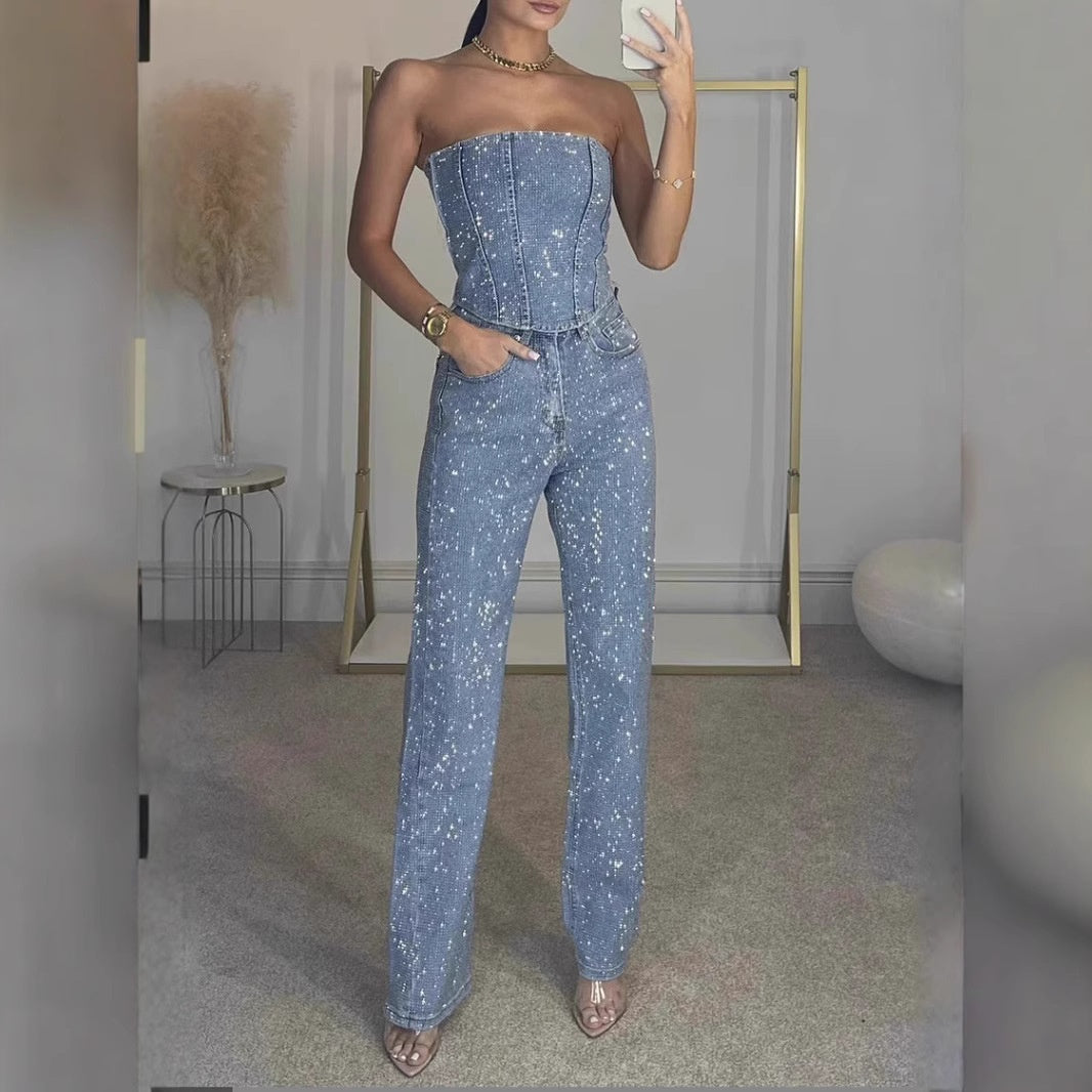 Completo elegante da donna con paillettes, top strapless e pantalone a vita alta, due pezzi da sera - foto 9