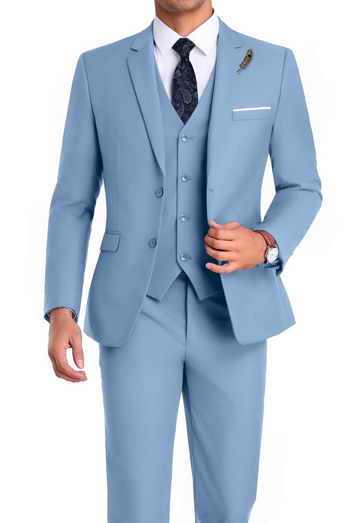 Completo uomo elegante 3 pezzi slim fit con gilet, da cerimonia e matrimonio - Azzurro polvere