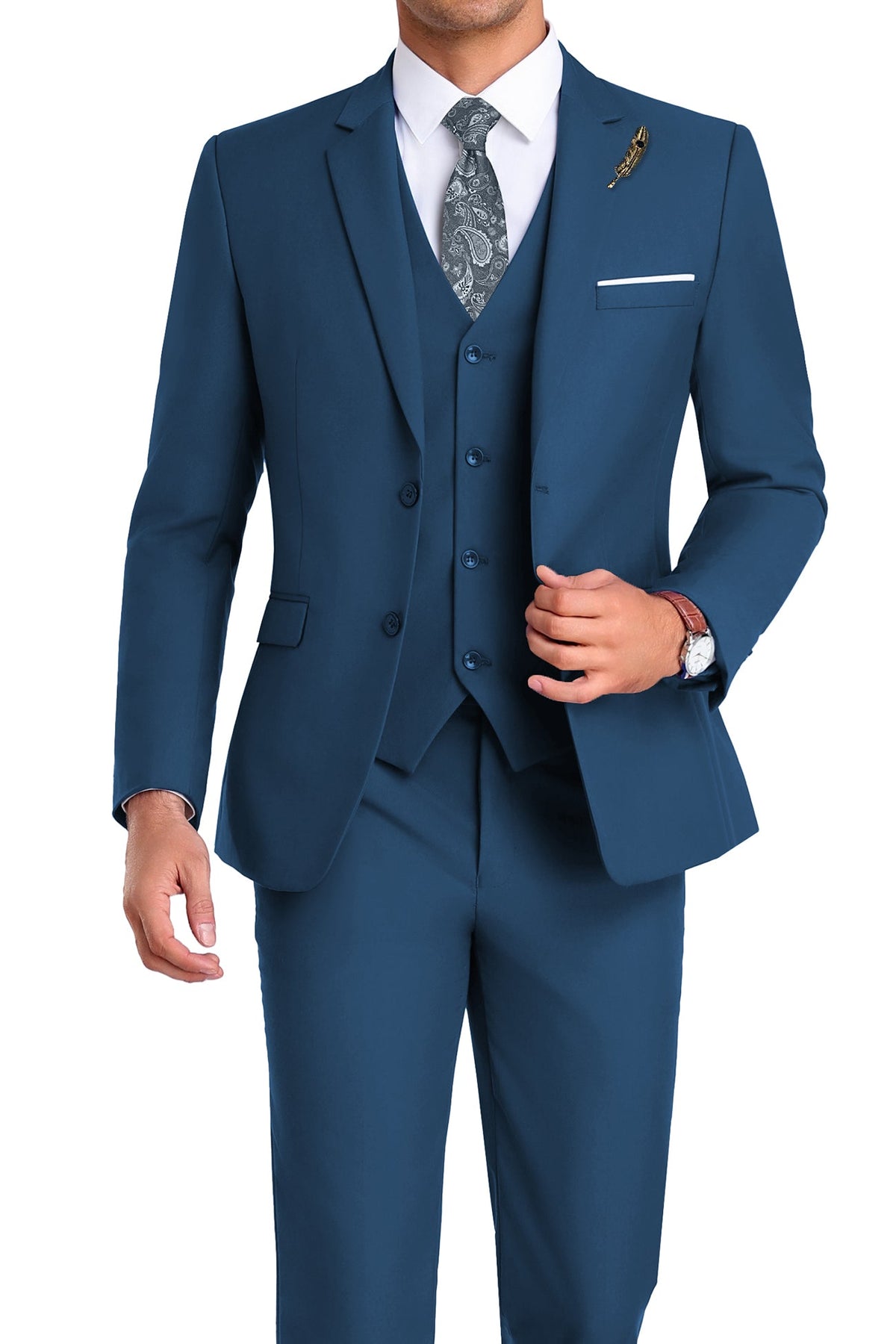 Completo uomo elegante 3 pezzi slim fit con gilet, da cerimonia e matrimonio - Blu lago