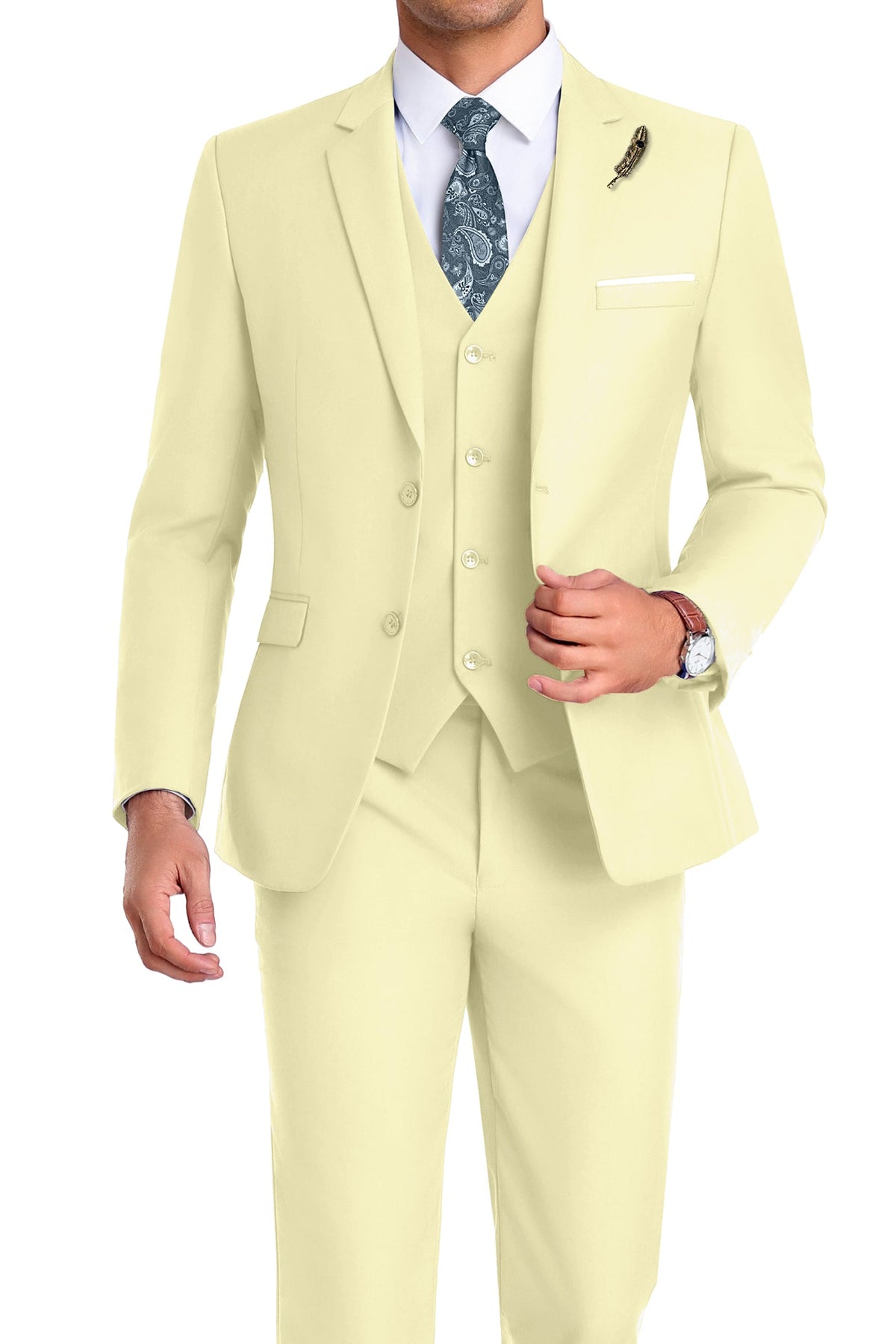 Completo uomo elegante 3 pezzi slim fit con gilet, da cerimonia e matrimonio - Giallo chiaro