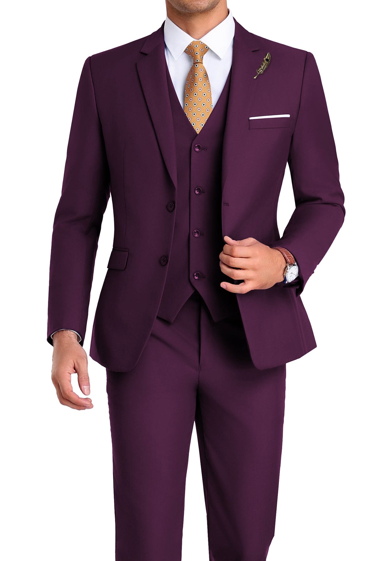 Completo uomo elegante 3 pezzi slim fit con gilet, da cerimonia e matrimonio - Prugna