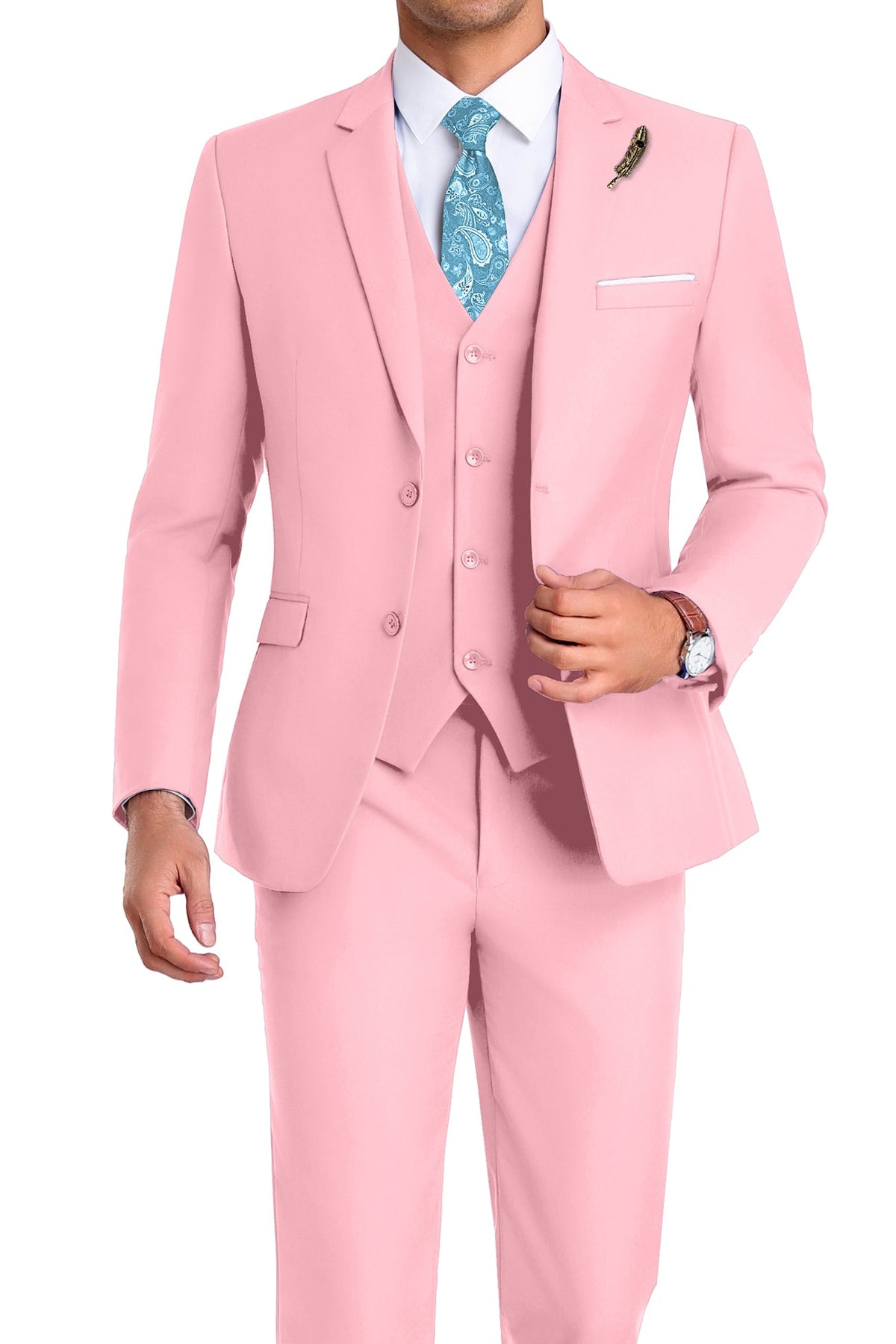 Completo uomo elegante 3 pezzi slim fit con gilet, da cerimonia e matrimonio - Rosa