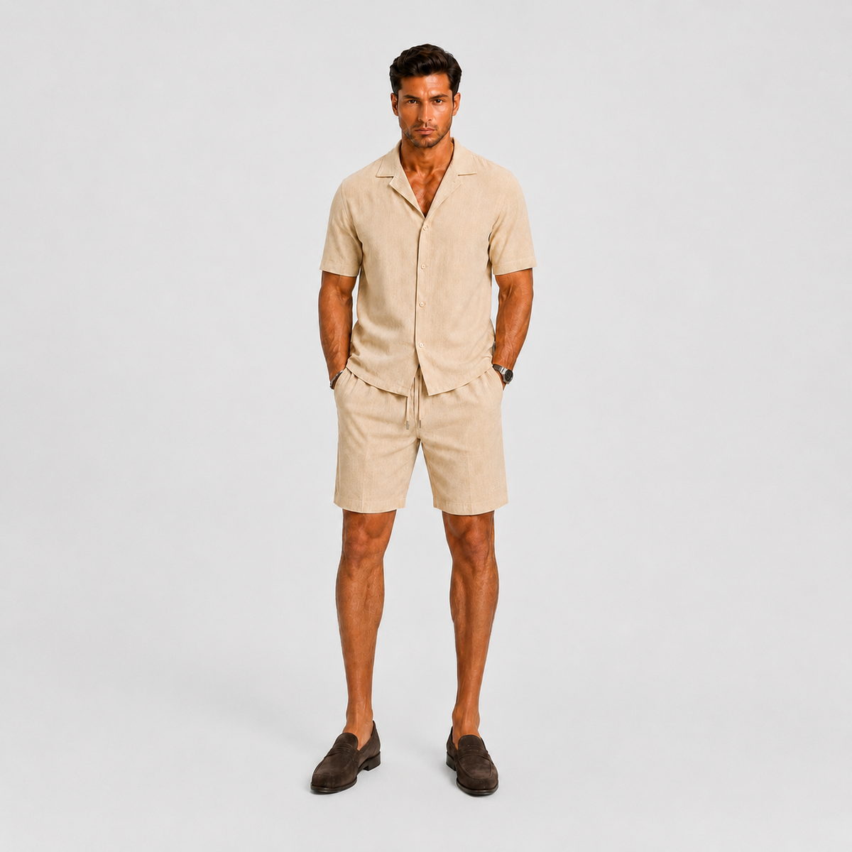 Completo uomo in lino, camicia con collo camp e shorts, estivo e casual per le vacanze - foto 6