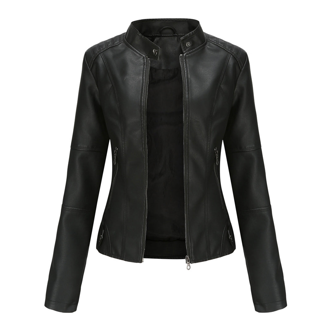Giacca corta in similpelle da donna con zip e collo alla coreana, vestibilità slim, casual ed elegante - Nero