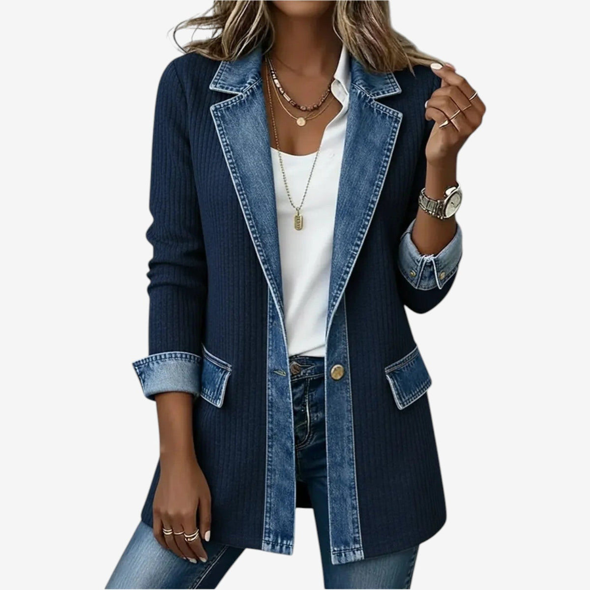 Giacca da donna in maglia effetto denim, mezza stagione con collo a revers, elegante - Blu navy