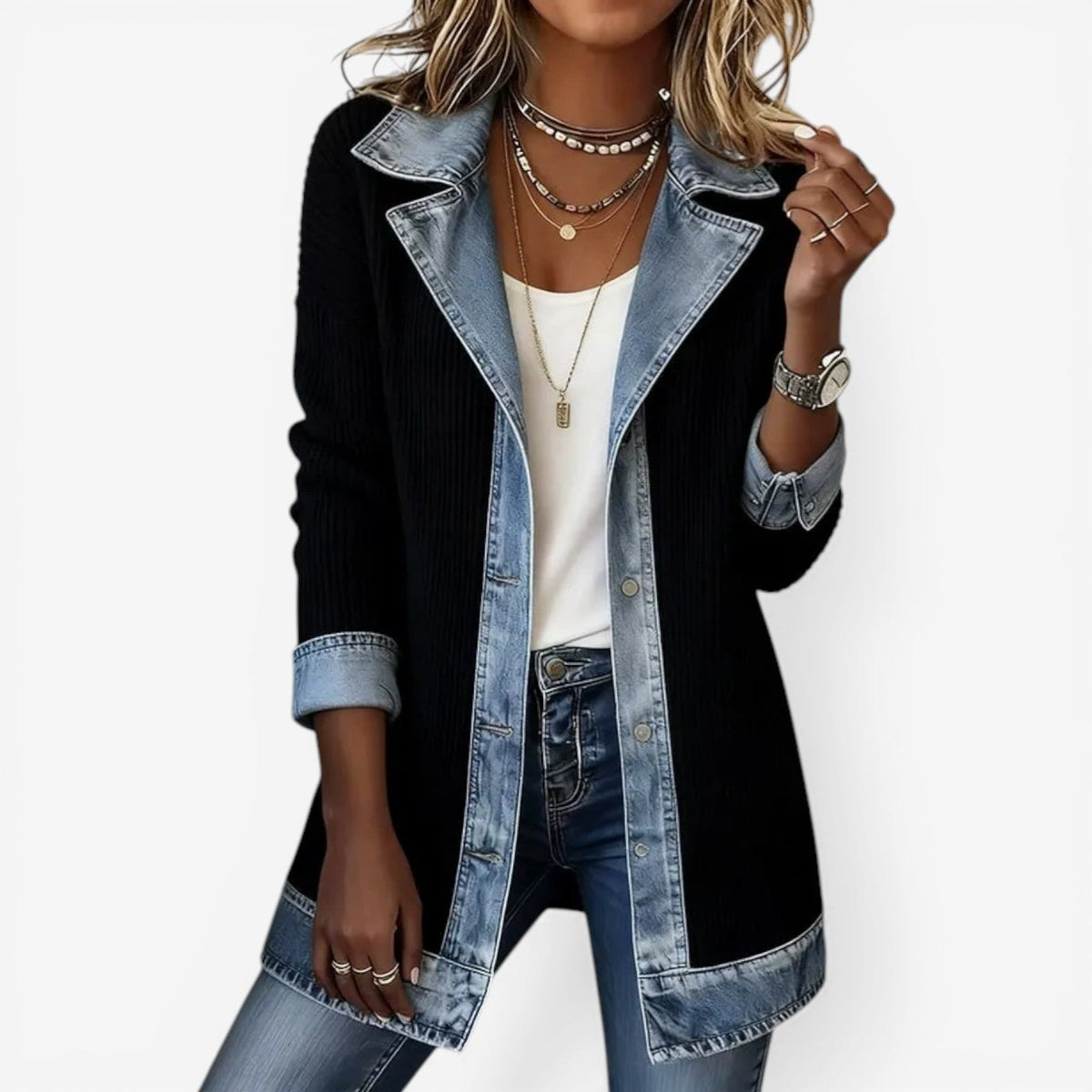Giacca da donna in maglia effetto denim, mezza stagione con collo a revers, elegante - Nero