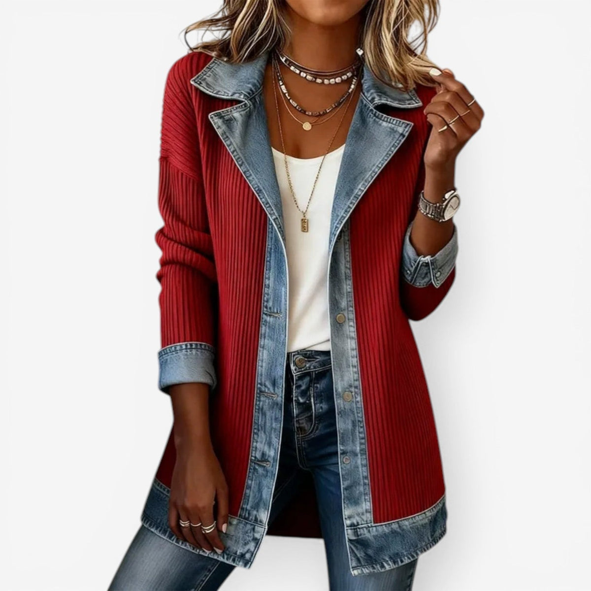 Giacca da donna in maglia effetto denim, mezza stagione con collo a revers, elegante - Rosso