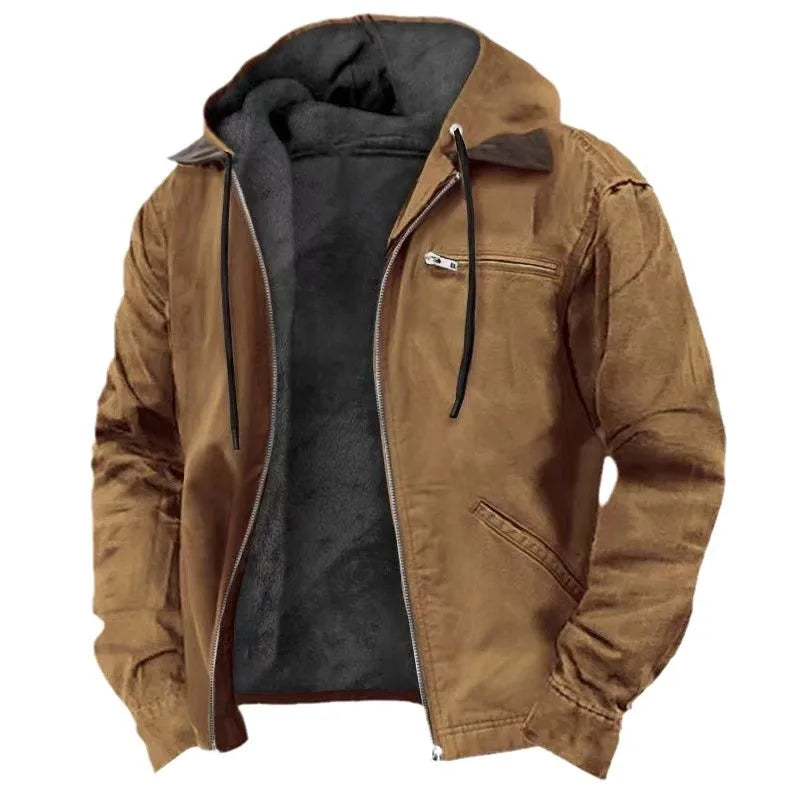Giacca da uomo con cappuccio foderata in pile, per la mezza stagione e l'autunno, con tasche con zip - Kaki