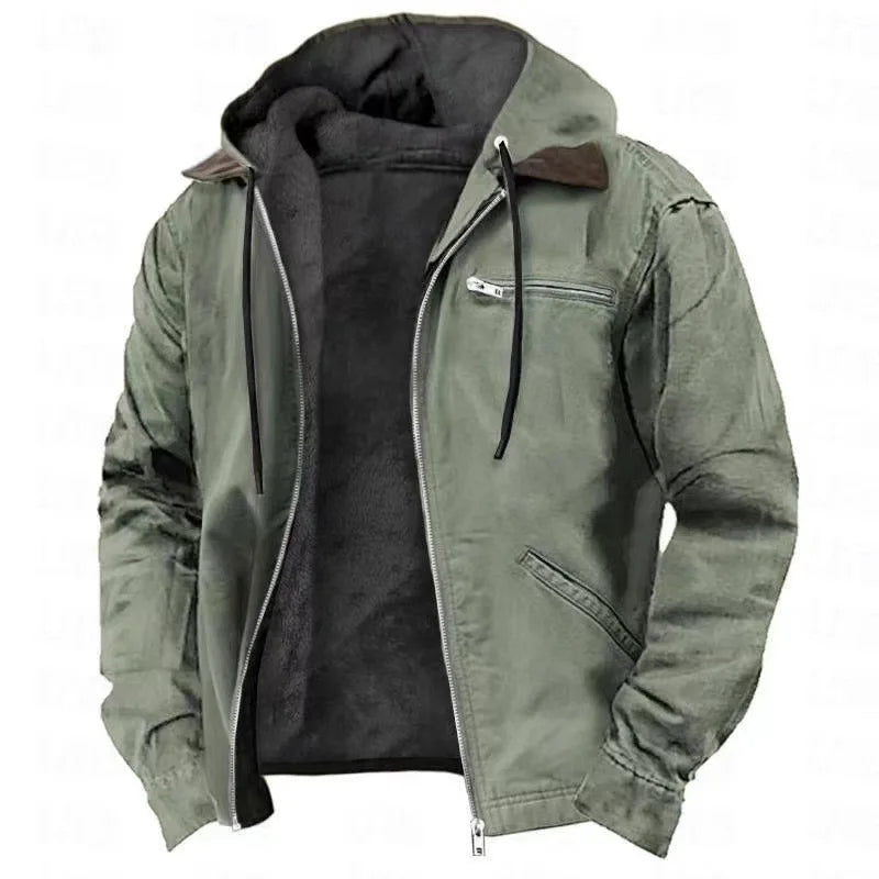 Giacca da uomo con cappuccio foderata in pile, per la mezza stagione e l'autunno, con tasche con zip - Verde