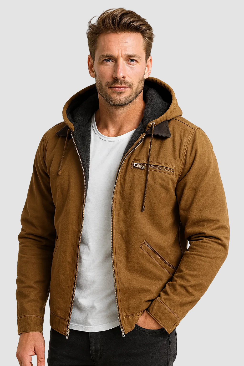 Giacca da uomo mezza stagione con cappuccio e fodera in pile, casual per primavera e autunno - foto 5