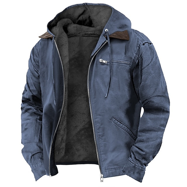 Giacca da uomo mezza stagione con cappuccio e fodera in pile, casual per primavera e autunno - Blu
