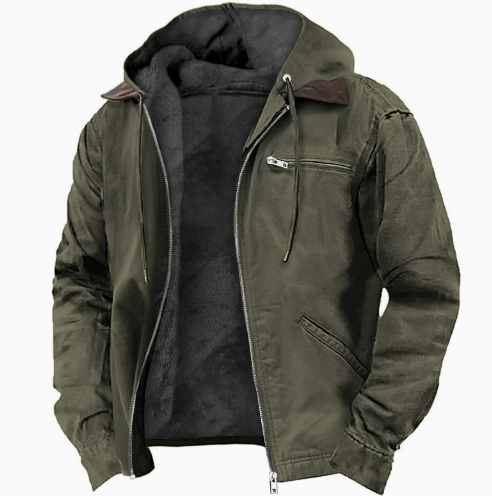 Giacca da uomo mezza stagione con cappuccio e fodera in pile, casual per primavera e autunno - Verde militare